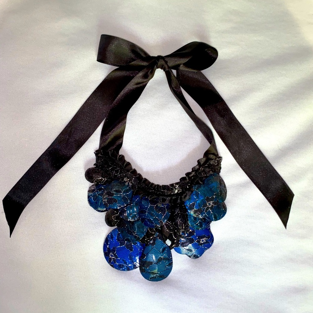 Chunky Statement Necklace with Ribbon Ties - Blue & Black Bead Necklace